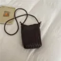 Autumn new woven phone bag for women, Korean style PU leather casual versatile crossbody bag. - Brown