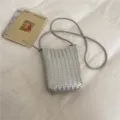 Silver woven mini crossbody phone bag for women, stylish PU leather shoulder bag variant. - Silver