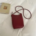 Burgundy woven PU leather crossbody phone bag, chic Korean style casual shoulder bag for women. - Red