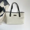 Beige canvas tote bag with black handles, casual commuter shoulder bag, retro minimalist women handbag - No Pendant / Black