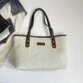 Canvas Tote Bag Beige Shoulder Handbag Retro Casual Commuter Bag with Brown PU Trim - No Pendant / Coffee
