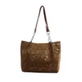 Stylish large capacity brown tote bag with digital print and chain shoulder straps. - Without Pendant / Coffee