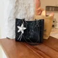 Black large capacity tote bag with digital print and star charm for daily commute. - With Pendant / Black