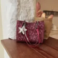 Large capacity wine red tote bag with stylish digital print and chic silver star pendant. - With Pendant / Burgundy