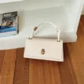 Beige Woven Shoulder Bag Stylish PU Leather Crossbody Bag with Metallic Lock Closure - White