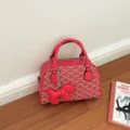 Red PU leather vintage handbag with chic chevron pattern and cute dog pendant charm for women. - With Pendant / Red
