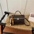 Dark brown woven handbag stylish top handle crossbody bag with wooden bead charm for women - With Pendant / Coffee