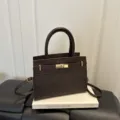 Dark brown leather structured crossbody handbag, stylish women commuter tote bag with top handle. - No Pendant / Brown