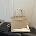 Beige minimalist women handbag PU leather top handle shoulder crossbody bag casual commuter - No Pendant / Khaki