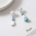 Eleganti orecchini asimmetrici perla turchese da donna raffinati gioielli di nicchia. - Orecchini a lobo con perle vere, conchiglia e turchese