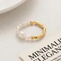 Anello oro perla d'acqua dolce, gioiello moda metallo irregolare minimalista per donna - Corda Elastica Anello Perla Artificiale 2
