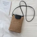 Stylish straw woven crossbody bag with black leather flap and strap for women daily commute. - Black without Pendant