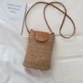 Woven straw crossbody bag for women, cute phone purse with brown leather trim and shoulder strap. - Brown No Pendant