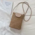Woven straw crossbody bag for women, mini shoulder bag with PU leather flap and slim strap. - Khaki (No Pendant)