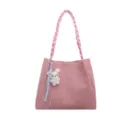Pink woven shoulder tote bag with braided handles and cute plush bunny pendant for women. - Pink With Charm