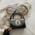 Mini crossbody square bag for women, chic black and silver colorblock design with handle. - Black