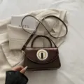 Brown patent leather mini shoulder bag crossbody handbag with gold metal round clasp - Brown