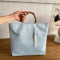 Chinesischer Stil Leinen Tote Tasche mit Bambusgriff und Quaste Anhänger Damen Handtasche - Mit Anhänger / Blau