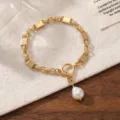Elegante bracciale in vera perla d'acqua dolce con catena geometrica placcata in oro. - Stile Ciondolo Perla Singola (1912ZJ06115SL)
