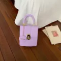 Minimalist purple faux leather handbag with top handle and chain for women daily fashion style. - Purple