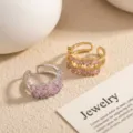 Anello aperto regolabile in rame placcato argento 925 con luminose pietre di zircone rosa. - Doppio Strato Strass Rosa (2103ZJ11626JZ) / Oro
