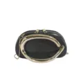 Stylish black shoulder bag with a unique curved metallic handle and sleek design for women. - Coffee