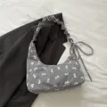 Black and white gingham shoulder bag with cute white bow embroidery, chic fabric tote handbag. - Black