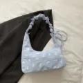 Blue and white gingham shoulder bag with cute white embroidered bows, stylish hobo canvas tote. - Blue