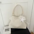 Cream white star print tote bag, large capacity stylish shoulder bag with cute star pendant. - With Pendant / White