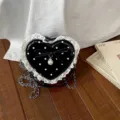 Korean style polka dot heart children shoulder bag cute bow lace trim crossbody handbag. - Black