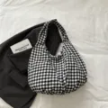 Black and white gingham shoulder bag, casual retro hobo handbag, versatile lightweight tote. - Black