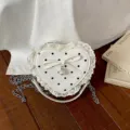 Kids Korean style polka dot heart crossbody bag white lace bow pearl chain shoulder bag - White