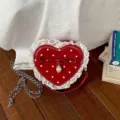 Korean style polka dot heart-shaped kids crossbody bag with cute lace bow and pearl pendant. - Red