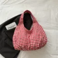 Korean retro red white checkered shoulder bag large capacity casual underarm tote shopping bag - Red