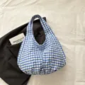 Blue and white gingham hobo shoulder bag, casual large capacity daily tote and handbag. - Blue
