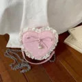 Korean style pink polka dot heart children handbag with cute bow lace fringe and pearl pendant. - Pink