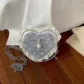 Korean style silver heart polka dot handbag with lace trim bow and pearl chain strap. - Silver