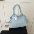 Light blue tote bag with silver star hot drill patterns and cute star lace pendant. - With Pendant / Blue