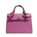 Borsa a mano rosa con motivo struzzo e foulard, elegante borsa da donna per ufficio. - Rosa