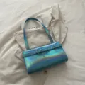 Iridescent Blue Underarm Shoulder Bag Glossy PU Leather Trendy Handbag with Buckle Strap - Blue