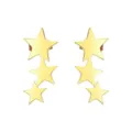 Vista detallada de pendientes de botón con tres estrellas en acero inoxidable dorado. - Serie de Tres Estrellas / Dorado