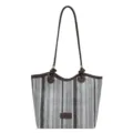 Stylish striped woven tote bag for women, casual commuting shoulder handbag with contrast color. - Style 1 (Black and White Stripes) / Without Pendant / Brown