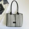 Casual striped straw tote bag for women, large capacity shoulder bag for summer beach vacation. - Style 1 Without Charm / Black
