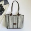 Striped straw tote bag for women, large capacity shoulder bag for summer beach vacation and commute. - Style 1 Without Charm / Brown