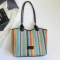 Colorful striped straw tote bag for women, large capacity beach shoulder bag for summer. - Style 2 Without Charm / Black
