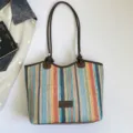 Fashionable striped straw tote bag with large capacity, perfect for summer beach use. - Style 2 Without Charm / Brown