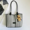 Large capacity straw woven shoulder tote bag with striped pattern and cute bear pendant for summer. - Style One With Bear Charm / Black