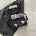 Mochila de mujer estilo colegial, diseño de estrellas de lunares negros, bolso escolar ligero. - Negro sin Colgante