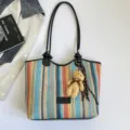 Large capacity straw tote bag for women summer beach vacation colorful striped shoulder bag - Style Two With Bear Charm / Black