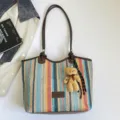 Summer beach straw woven tote bag, large capacity striped shoulder bag with cute bear charm for women. - Style Two With Bear Charm / Brown